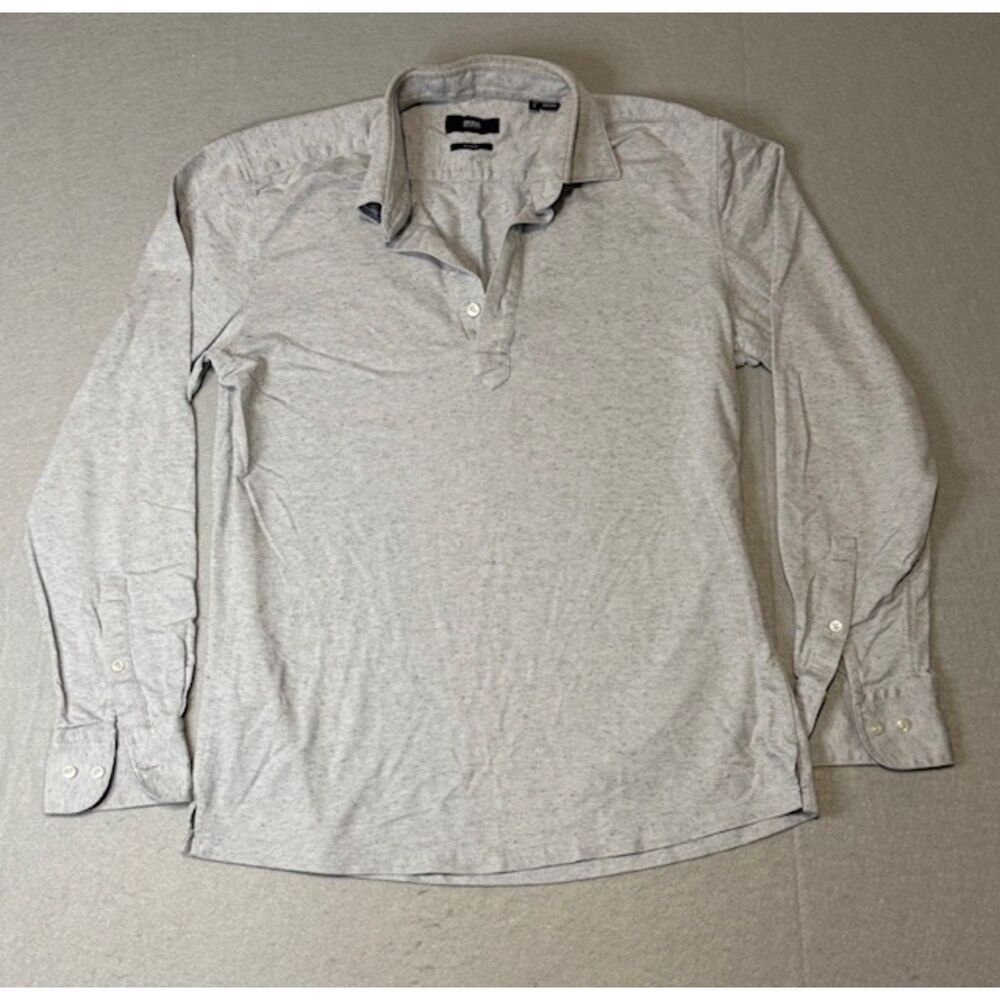 Boss Mens Slim Fit sz S Long Sleeve Polo Button Sleeves 100% Cotton Heather Gray